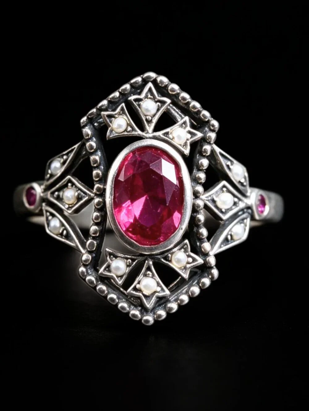Vintage Art Deco Sterling Silver Ring With Dark Pink Red Tourmaline 925 in Box
